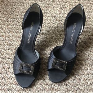 Dark grey  satin heels with rhinestone buckle